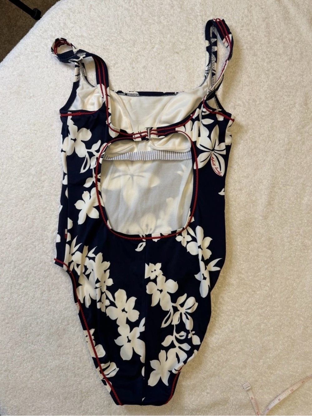 Vintage 90s Tommy Hilfiger Hibiscus 1 Piece Swimsuit Sz 12 Navy Floral High Cut - Picture 2 of 9